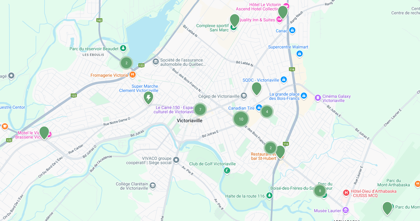 Carte de Victoriaville avec l'emplacement des bornes.